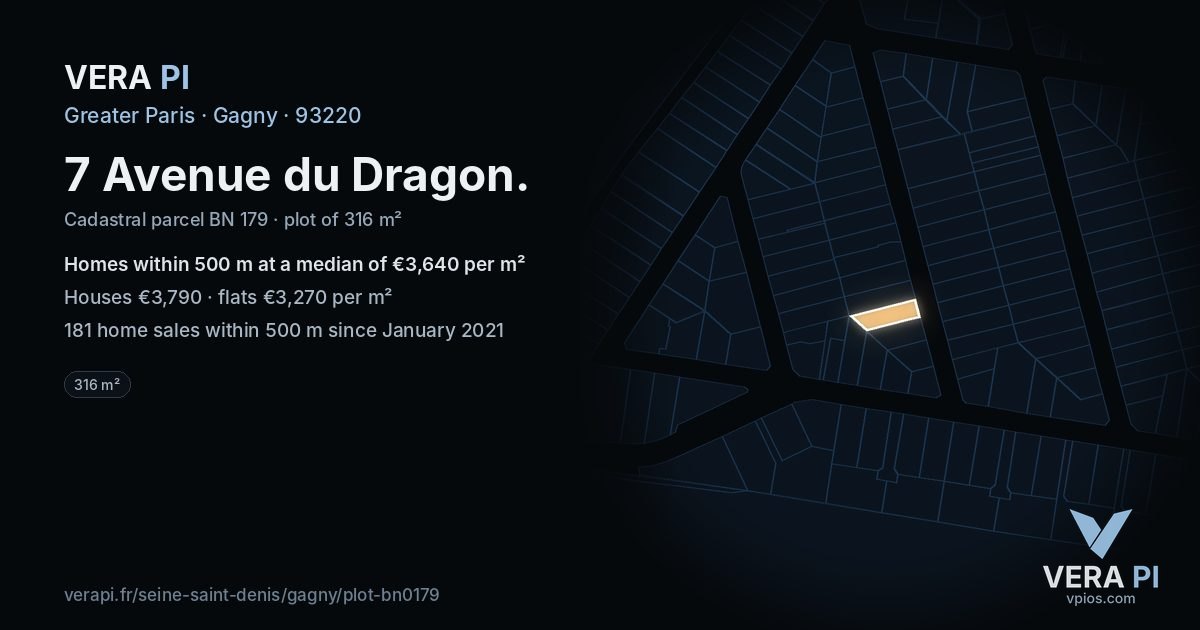 7 Avenue du Dragon, Gagny at night – the plot lit, the parcels around coloured by the prices near them