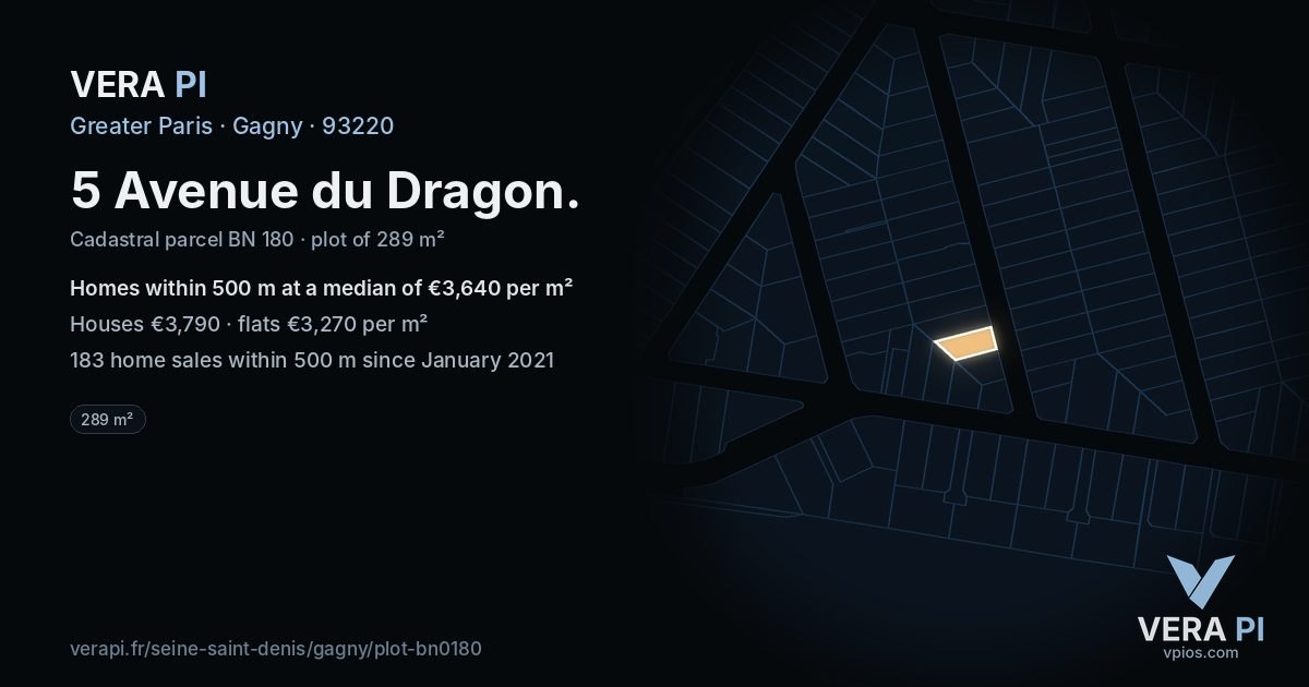 5 Avenue du Dragon, Gagny at night – the plot lit, the parcels around coloured by the prices near them