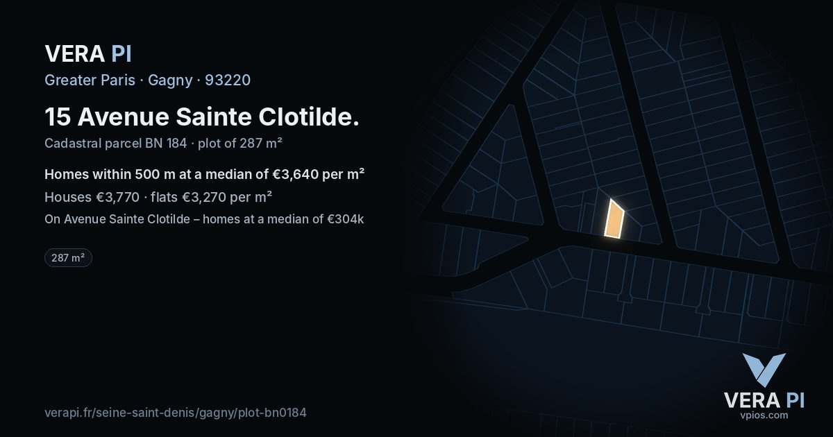 15 Avenue Sainte Clotilde, Gagny at night – the plot lit, the parcels around coloured by the prices near them
