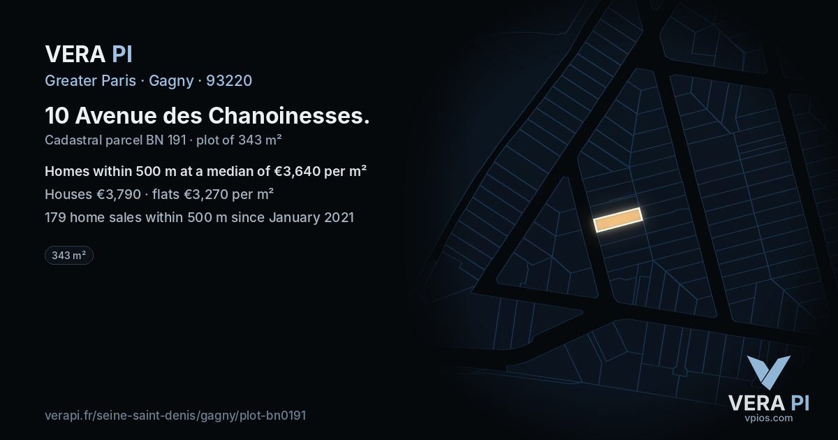 10 Avenue des Chanoinesses, Gagny at night – the plot lit, the parcels around coloured by the prices near them