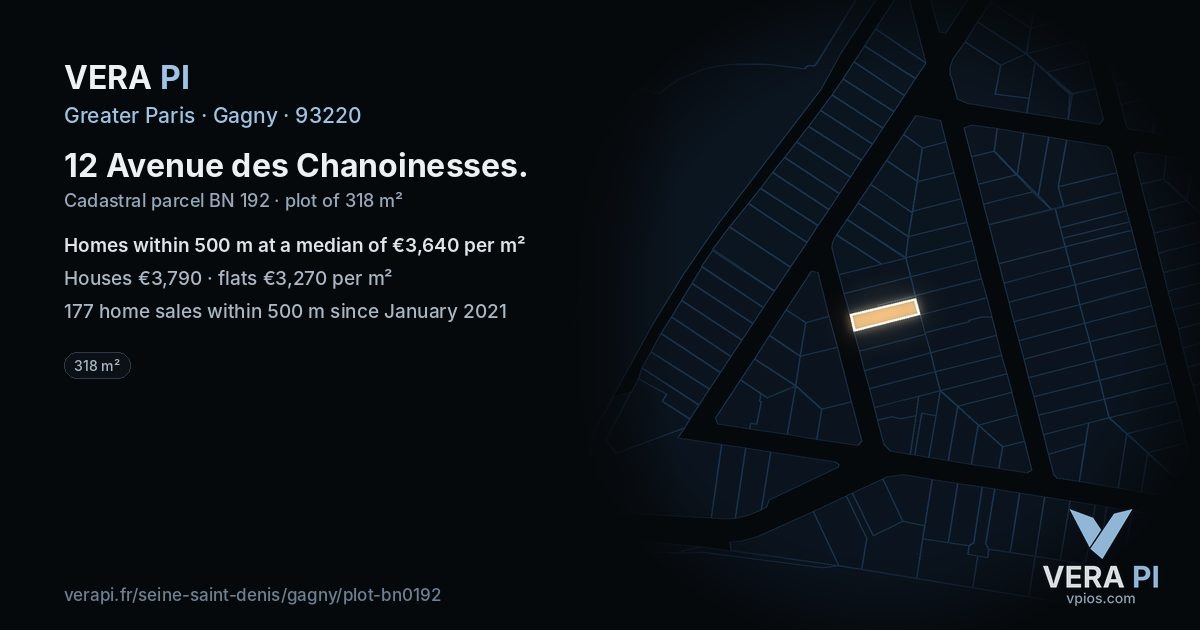 12 Avenue des Chanoinesses, Gagny at night – the plot lit, the parcels around coloured by the prices near them
