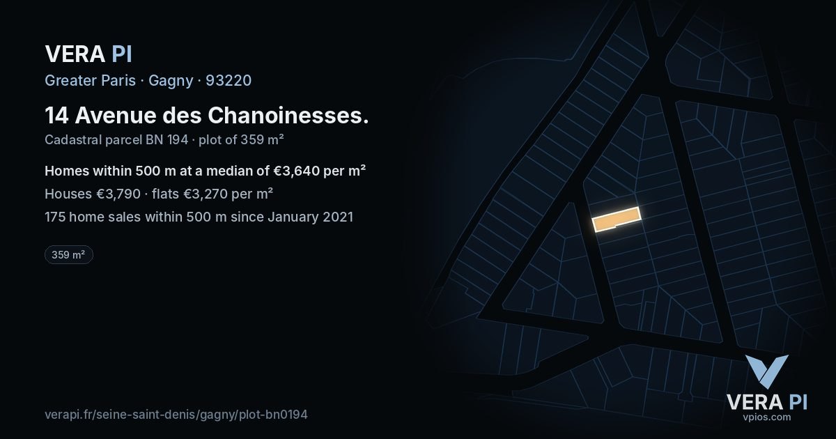 14 Avenue des Chanoinesses, Gagny at night – the plot lit, the parcels around coloured by the prices near them