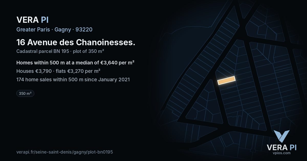 16 Avenue des Chanoinesses, Gagny at night – the plot lit, the parcels around coloured by the prices near them