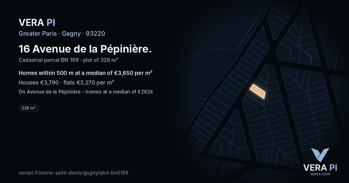 16 Avenue de la Pépinière, Gagny at night – the plot lit, the parcels around coloured by the prices near them