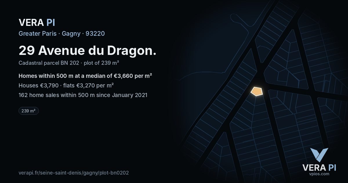 29 Avenue du Dragon, Gagny at night – the plot lit, the parcels around coloured by the prices near them