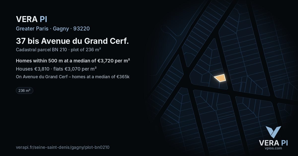 37 bis Avenue du Grand Cerf, Gagny at night – the plot lit, the parcels around coloured by the prices near them