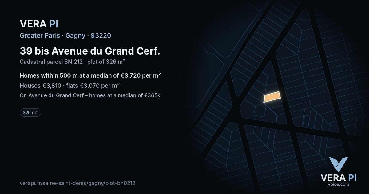39 bis Avenue du Grand Cerf, Gagny at night – the plot lit, the parcels around coloured by the prices near them