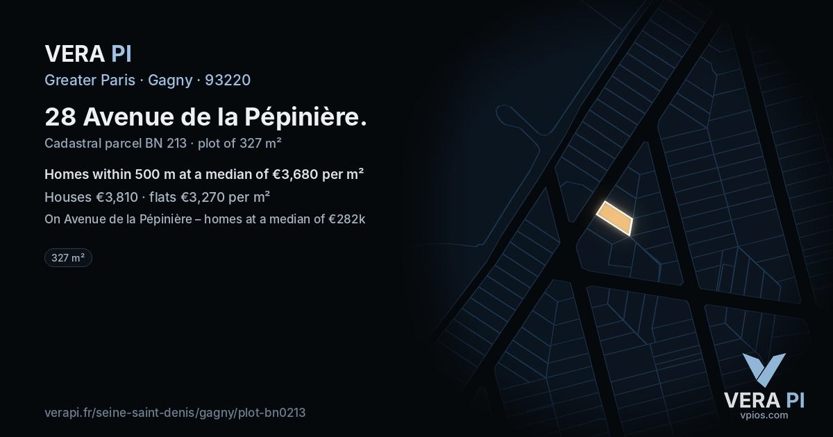28 Avenue de la Pépinière, Gagny at night – the plot lit, the parcels around coloured by the prices near them