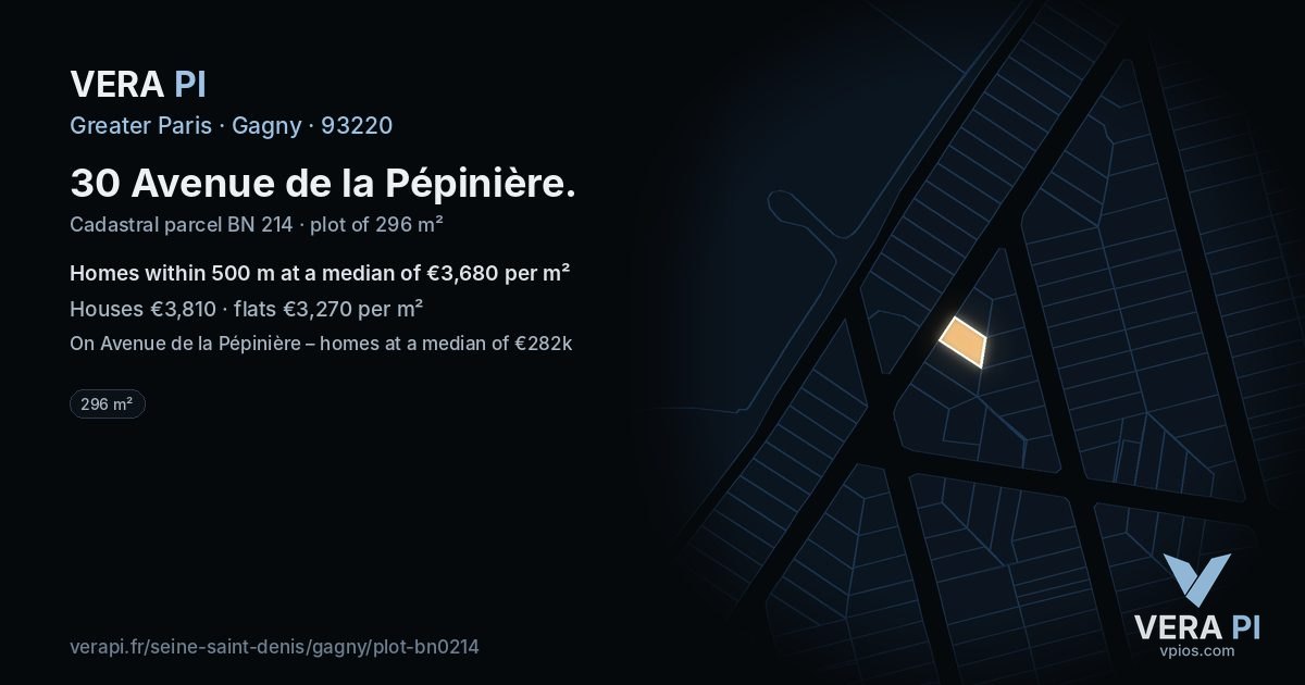 30 Avenue de la Pépinière, Gagny at night – the plot lit, the parcels around coloured by the prices near them