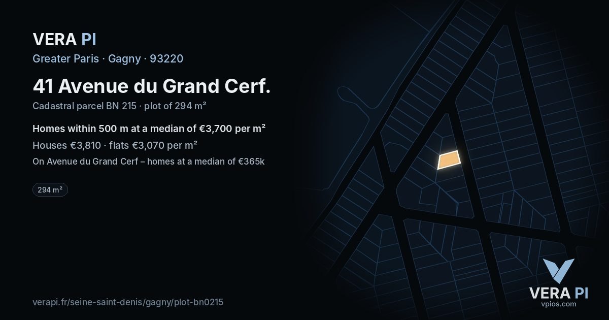41 Avenue du Grand Cerf, Gagny at night – the plot lit, the parcels around coloured by the prices near them
