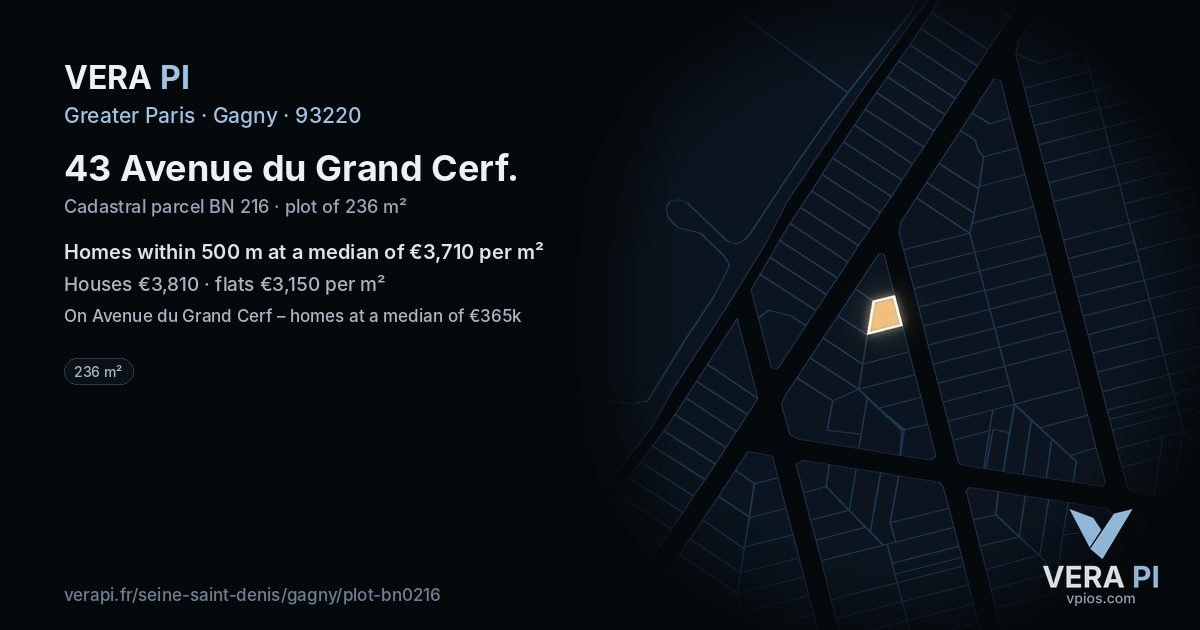 43 Avenue du Grand Cerf, Gagny at night – the plot lit, the parcels around coloured by the prices near them