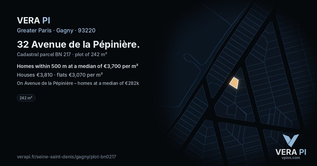 32 Avenue de la Pépinière, Gagny at night – the plot lit, the parcels around coloured by the prices near them