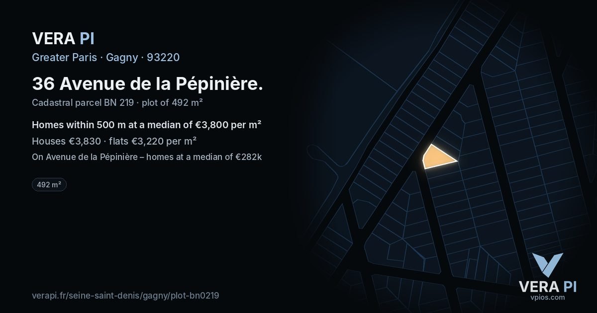 36 Avenue de la Pépinière, Gagny at night – the plot lit, the parcels around coloured by the prices near them