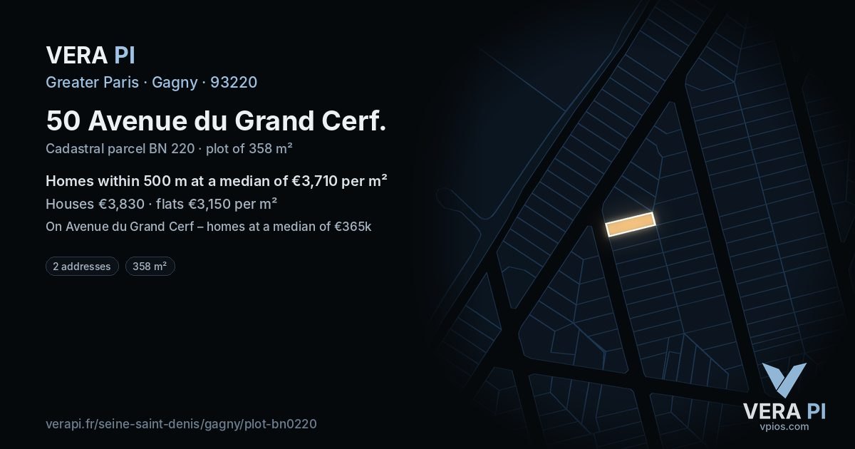 50 Avenue du Grand Cerf, Gagny at night – the plot lit, the parcels around coloured by the prices near them