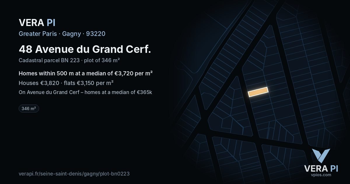 48 Avenue du Grand Cerf, Gagny at night – the plot lit, the parcels around coloured by the prices near them