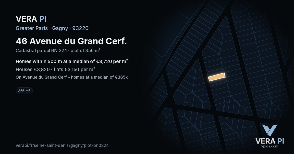 46 Avenue du Grand Cerf, Gagny at night – the plot lit, the parcels around coloured by the prices near them