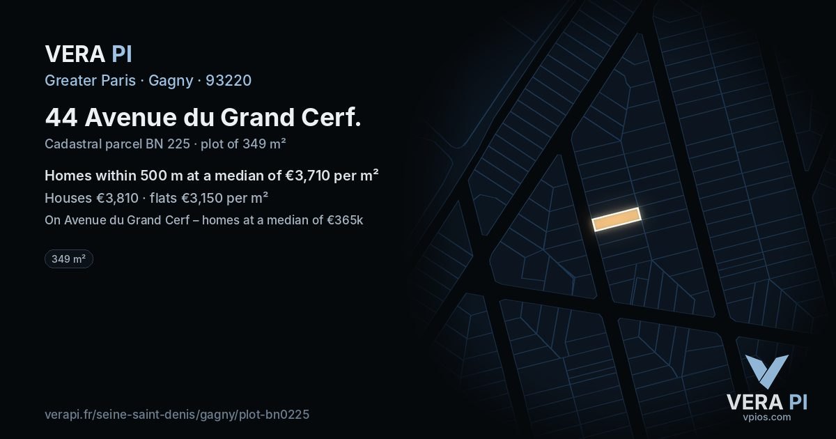 44 Avenue du Grand Cerf, Gagny at night – the plot lit, the parcels around coloured by the prices near them