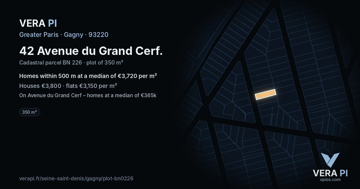 42 Avenue du Grand Cerf, Gagny at night – the plot lit, the parcels around coloured by the prices near them