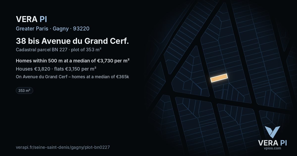 38 bis Avenue du Grand Cerf, Gagny at night – the plot lit, the parcels around coloured by the prices near them