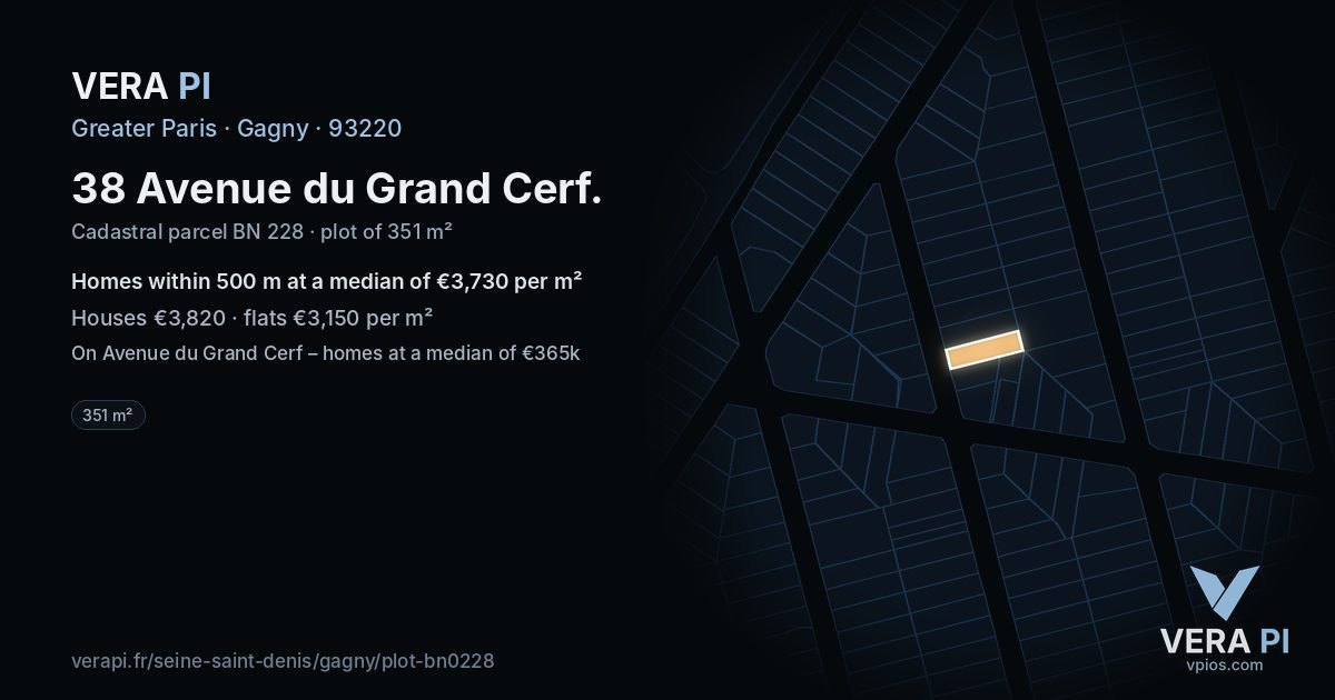 38 Avenue du Grand Cerf, Gagny at night – the plot lit, the parcels around coloured by the prices near them
