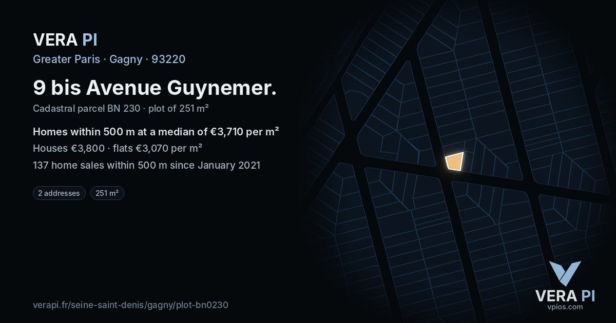 9 bis Avenue Guynemer, Gagny at night – the plot lit, the parcels around coloured by the prices near them