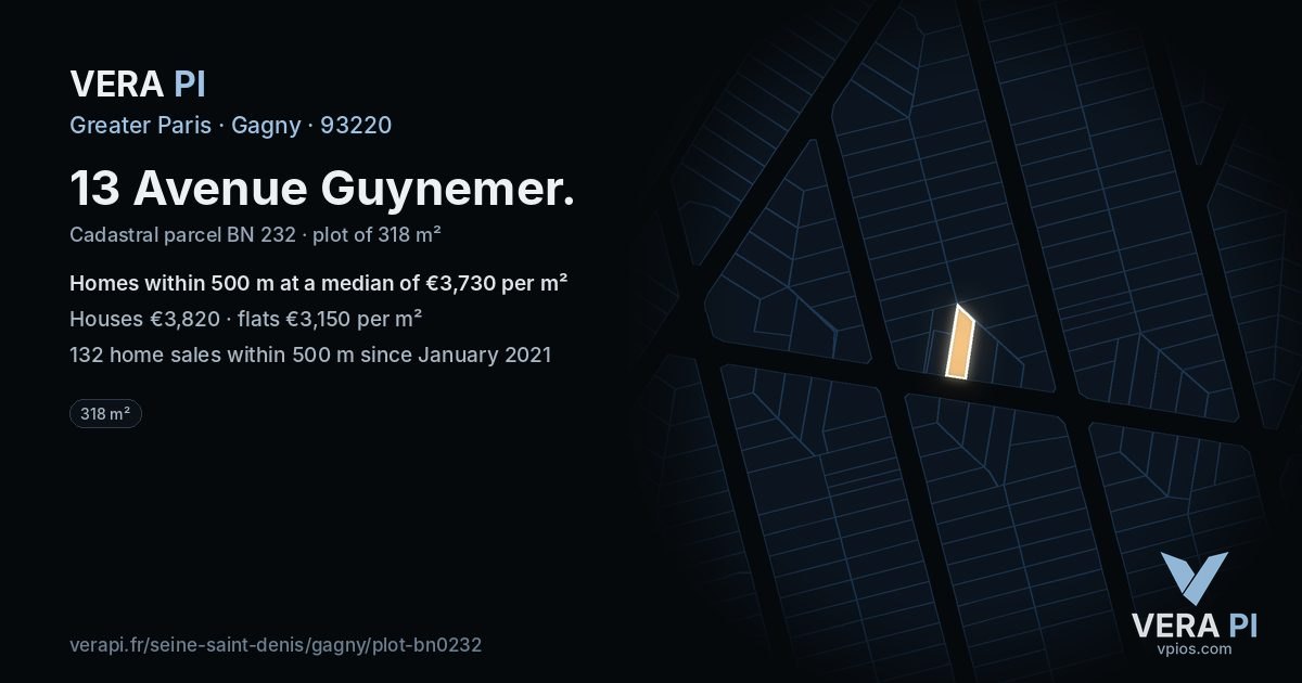 13 Avenue Guynemer, Gagny at night – the plot lit, the parcels around coloured by the prices near them