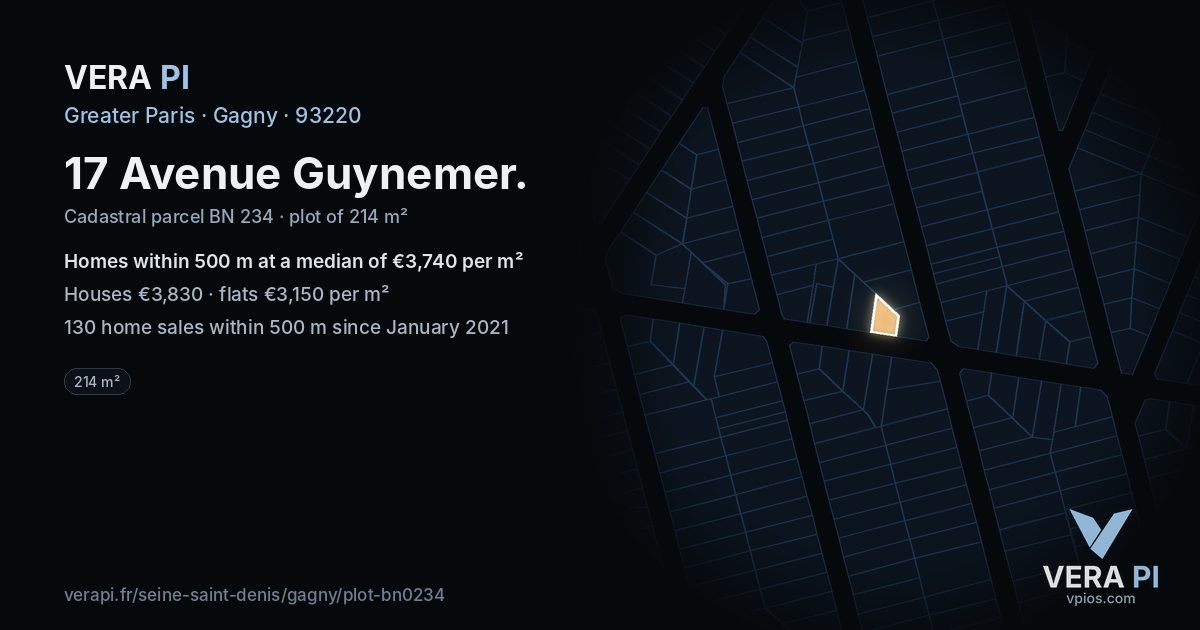 17 Avenue Guynemer, Gagny at night – the plot lit, the parcels around coloured by the prices near them