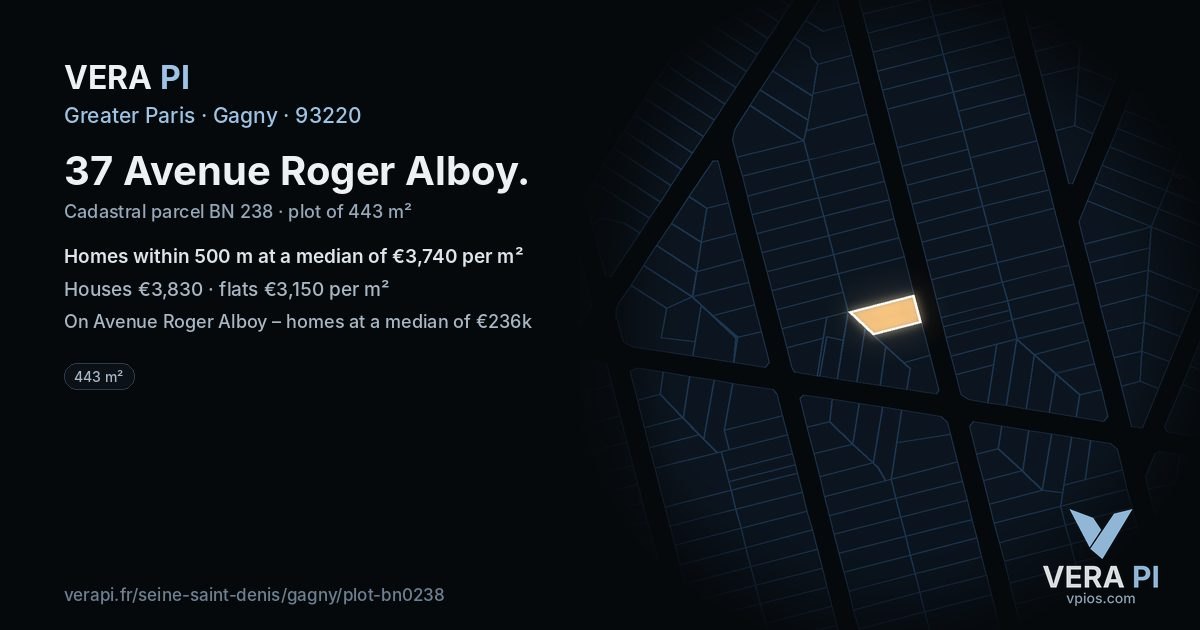 37 Avenue Roger Alboy, Gagny at night – the plot lit, the parcels around coloured by the prices near them