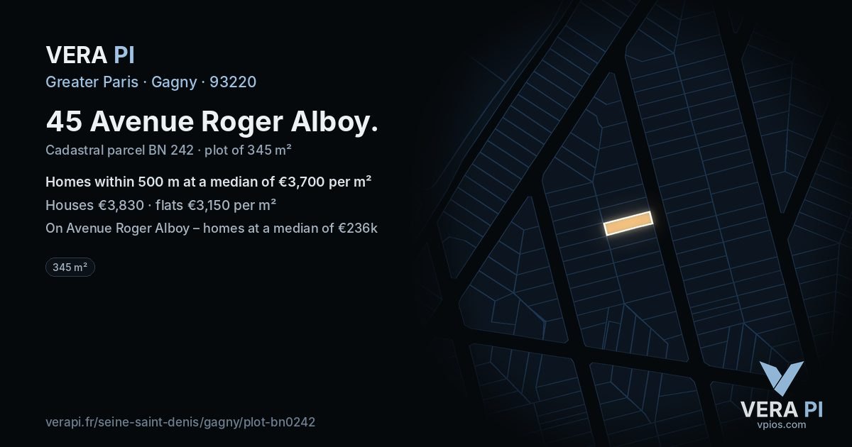 45 Avenue Roger Alboy, Gagny at night – the plot lit, the parcels around coloured by the prices near them