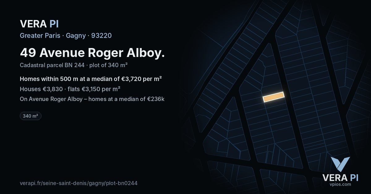 49 Avenue Roger Alboy, Gagny at night – the plot lit, the parcels around coloured by the prices near them