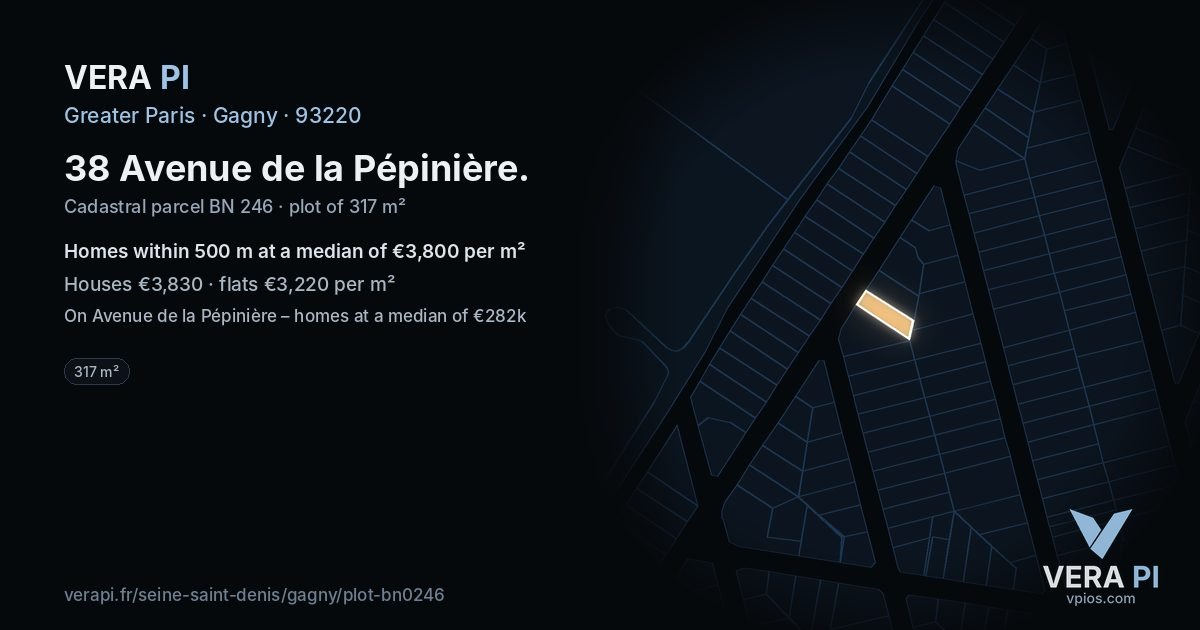 38 Avenue de la Pépinière, Gagny at night – the plot lit, the parcels around coloured by the prices near them