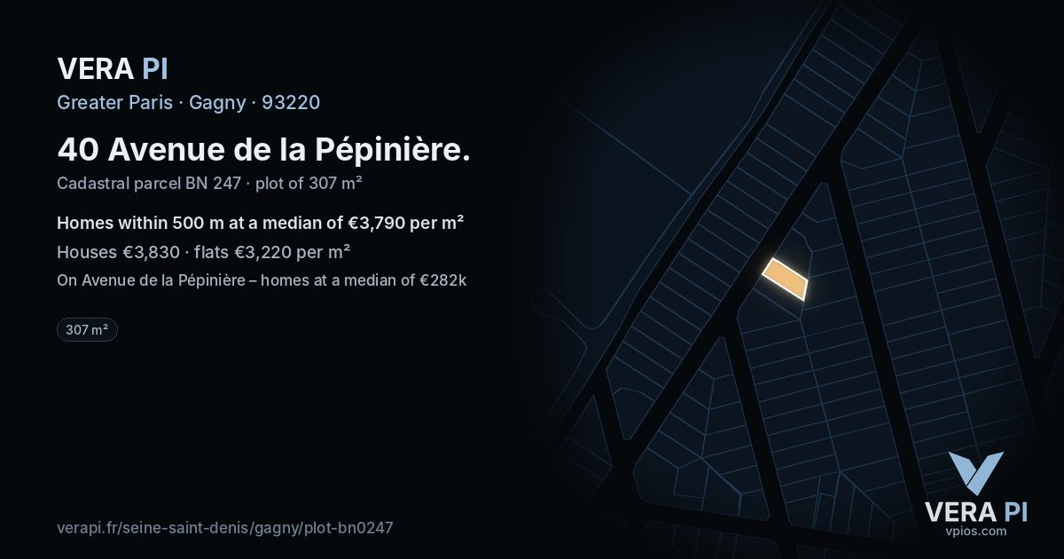 40 Avenue de la Pépinière, Gagny at night – the plot lit, the parcels around coloured by the prices near them