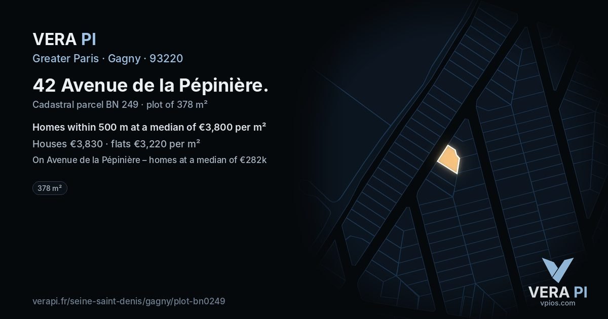 42 Avenue de la Pépinière, Gagny at night – the plot lit, the parcels around coloured by the prices near them