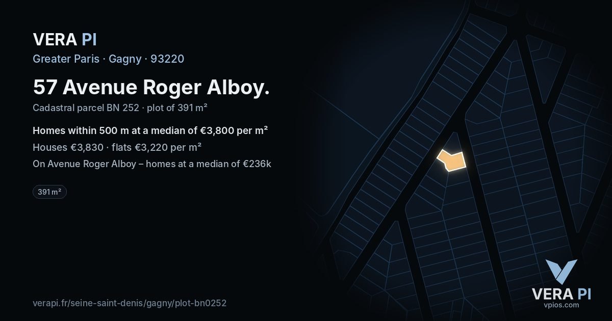 57 Avenue Roger Alboy, Gagny at night – the plot lit, the parcels around coloured by the prices near them