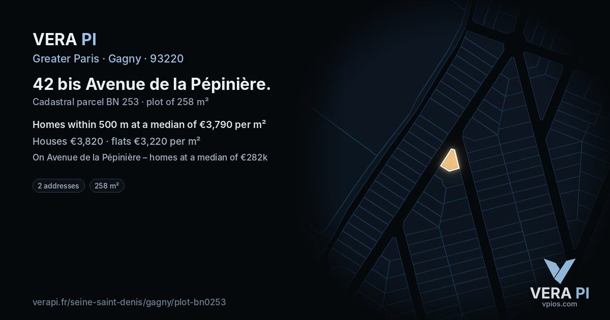 42 bis Avenue de la Pépinière, Gagny at night – the plot lit, the parcels around coloured by the prices near them
