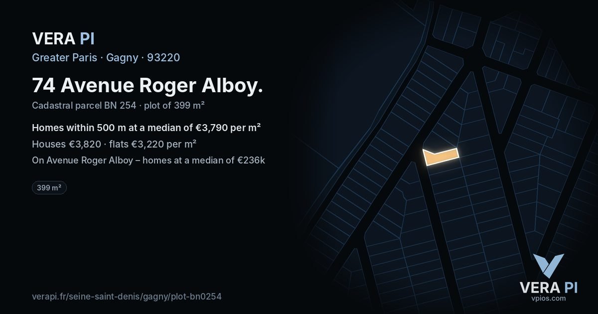 74 Avenue Roger Alboy, Gagny at night – the plot lit, the parcels around coloured by the prices near them