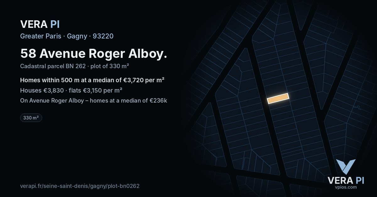 58 Avenue Roger Alboy, Gagny at night – the plot lit, the parcels around coloured by the prices near them