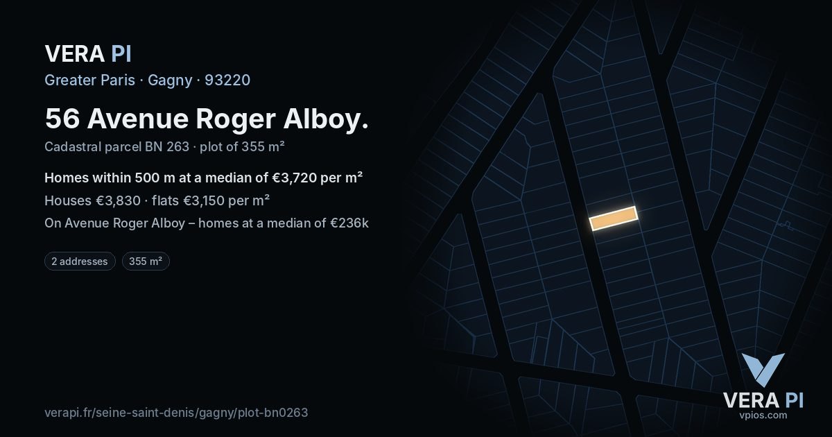 56 Avenue Roger Alboy, Gagny at night – the plot lit, the parcels around coloured by the prices near them