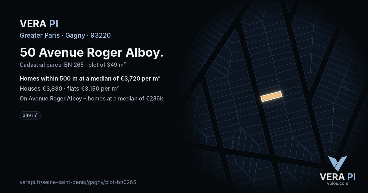 50 Avenue Roger Alboy, Gagny at night – the plot lit, the parcels around coloured by the prices near them