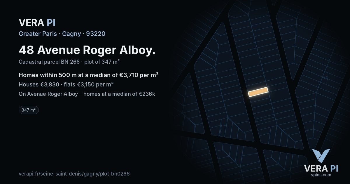 48 Avenue Roger Alboy, Gagny at night – the plot lit, the parcels around coloured by the prices near them