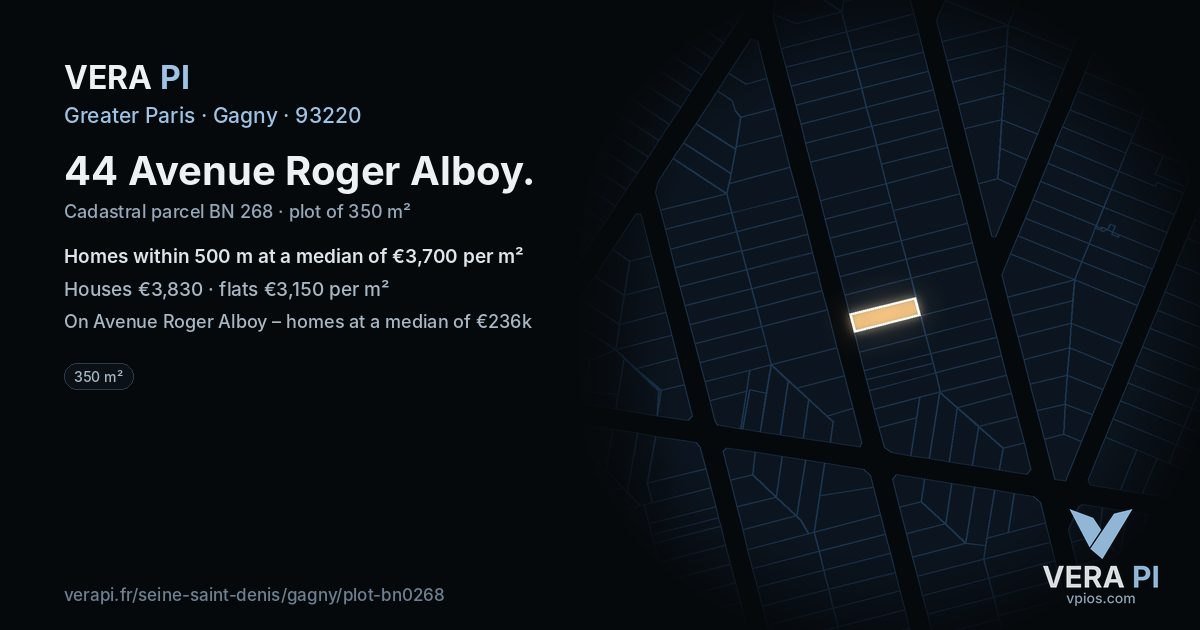 44 Avenue Roger Alboy, Gagny at night – the plot lit, the parcels around coloured by the prices near them