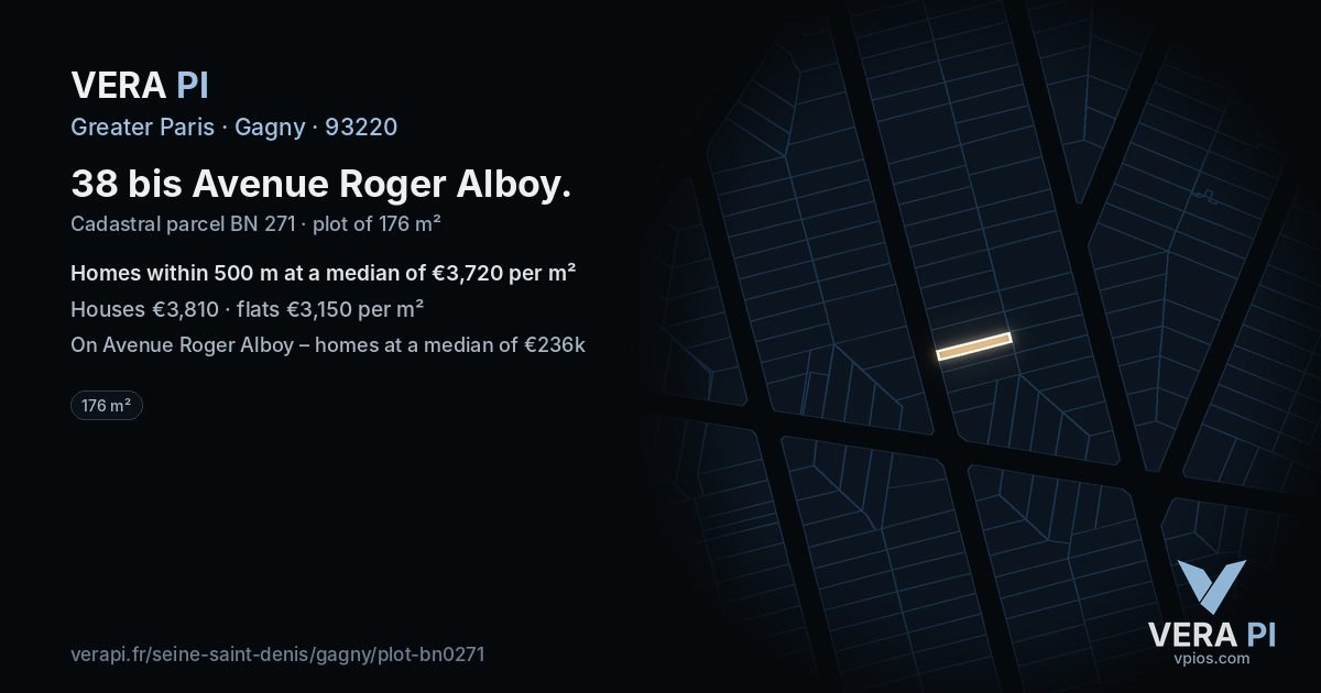 38 bis Avenue Roger Alboy, Gagny at night – the plot lit, the parcels around coloured by the prices near them