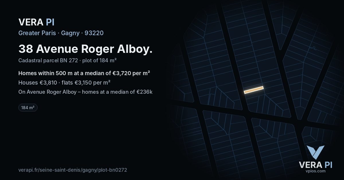 38 Avenue Roger Alboy, Gagny at night – the plot lit, the parcels around coloured by the prices near them