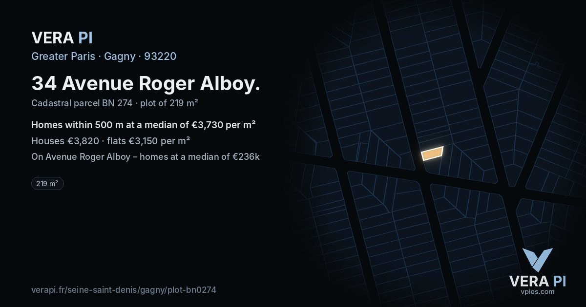 34 Avenue Roger Alboy, Gagny at night – the plot lit, the parcels around coloured by the prices near them