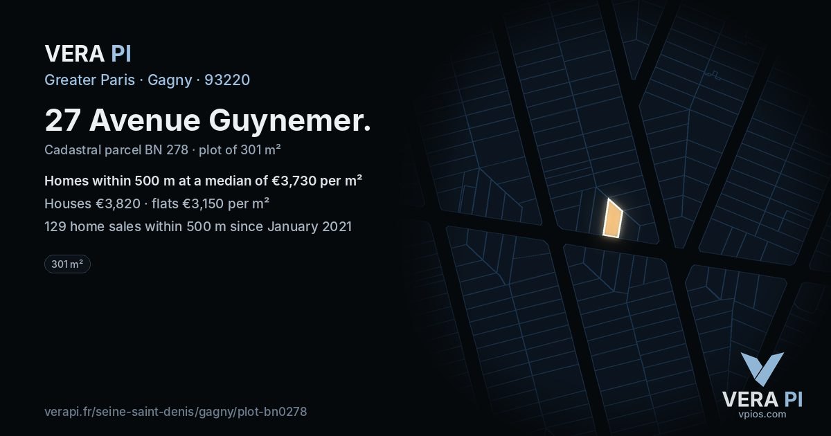 27 Avenue Guynemer, Gagny at night – the plot lit, the parcels around coloured by the prices near them
