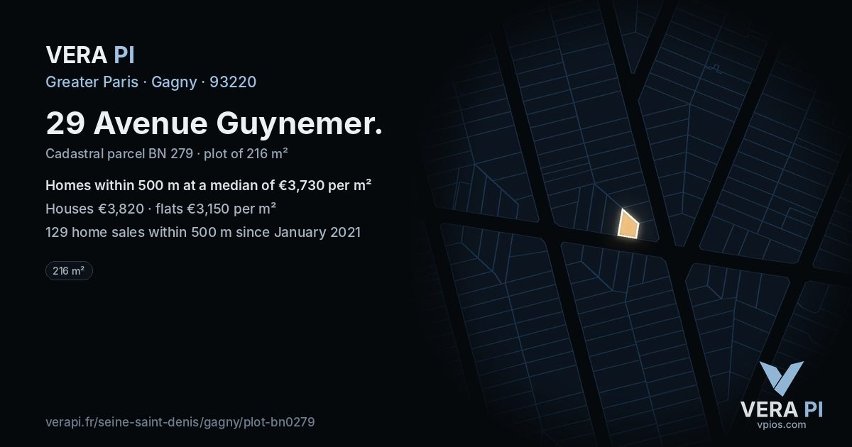 29 Avenue Guynemer, Gagny at night – the plot lit, the parcels around coloured by the prices near them