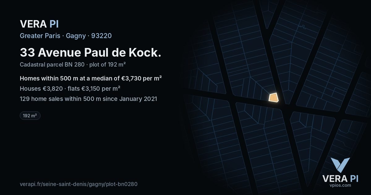 33 Avenue Paul de Kock, Gagny at night – the plot lit, the parcels around coloured by the prices near them