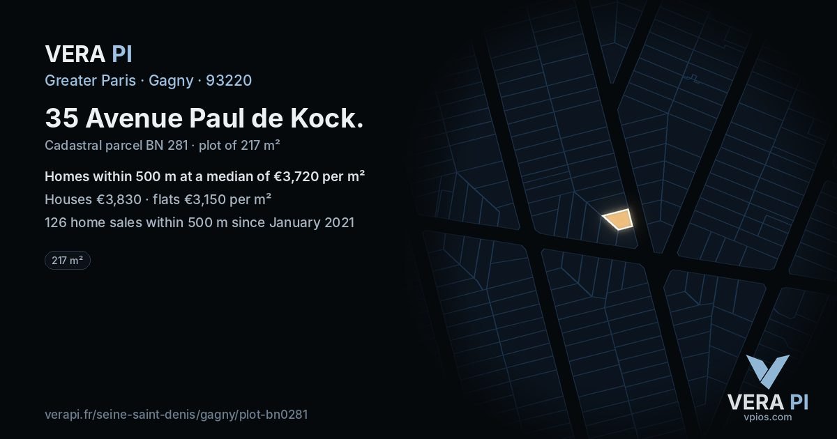 35 Avenue Paul de Kock, Gagny at night – the plot lit, the parcels around coloured by the prices near them