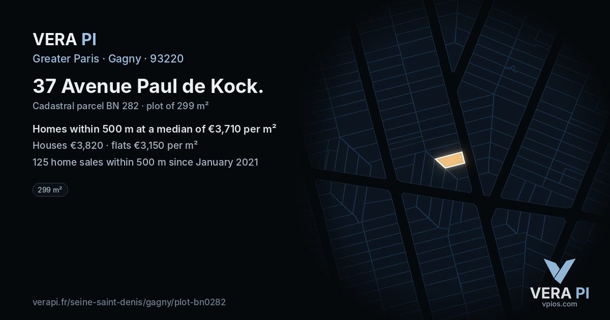 37 Avenue Paul de Kock, Gagny at night – the plot lit, the parcels around coloured by the prices near them