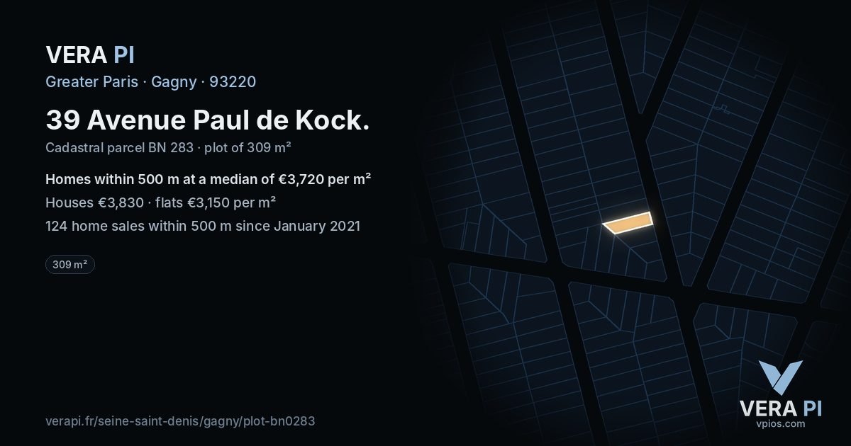 39 Avenue Paul de Kock, Gagny at night – the plot lit, the parcels around coloured by the prices near them